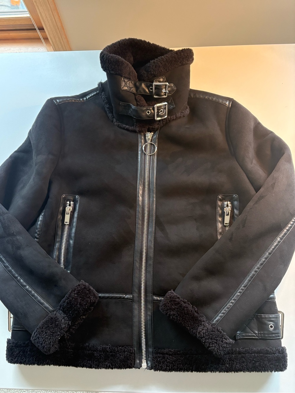 T.J.Maxx Black Faux-Shearling Trimmed Bomber Jacket